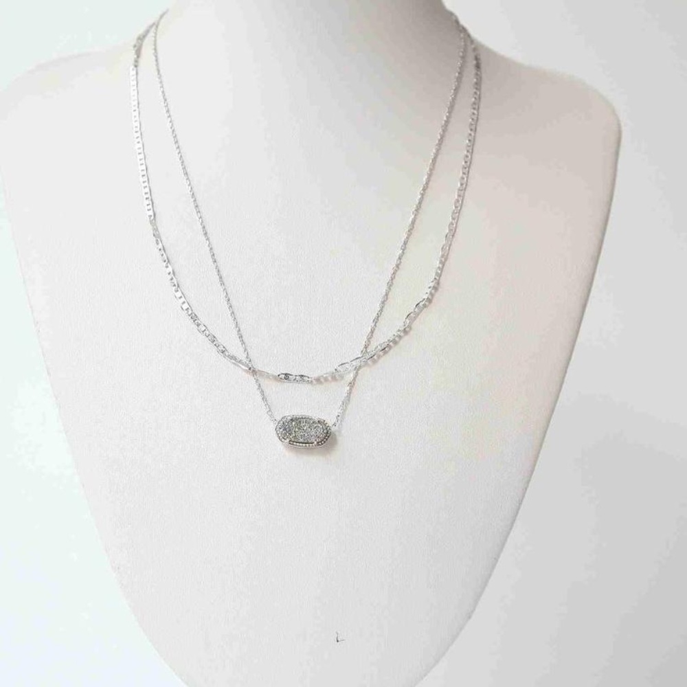 NEW Kendra Scott Silver Elisa Platinum Drusy Quartz Multi Chain Necklace